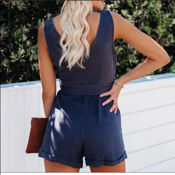 Vici Button Down Tie Waist Navy Romper Size Med - Picture 4 of 16